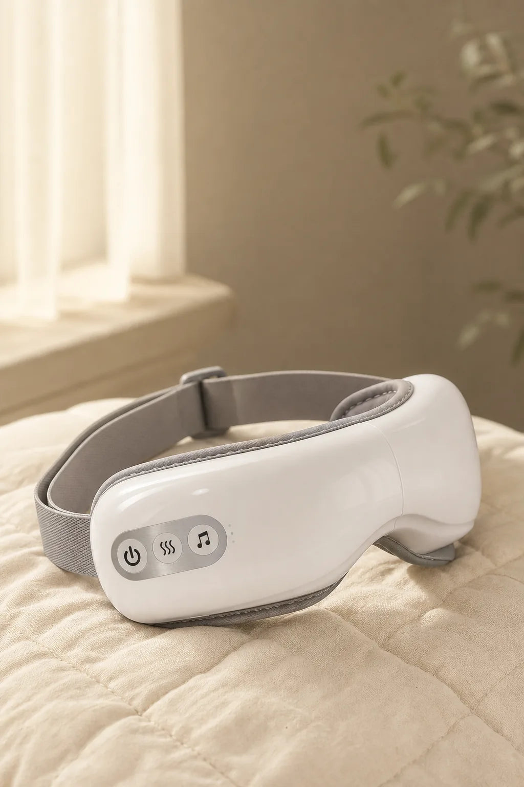 Ocuvela eye massager showing its soft inner lining and strap