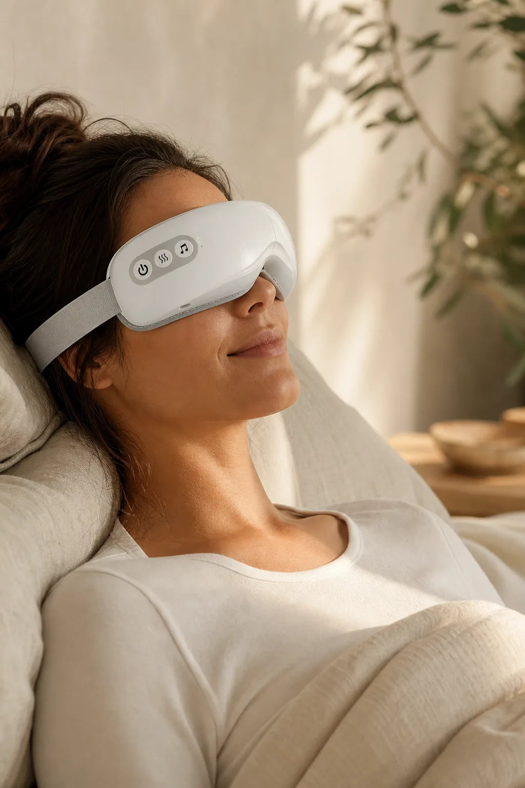 Woman relaxing while wearing the Ocuvela eye massager